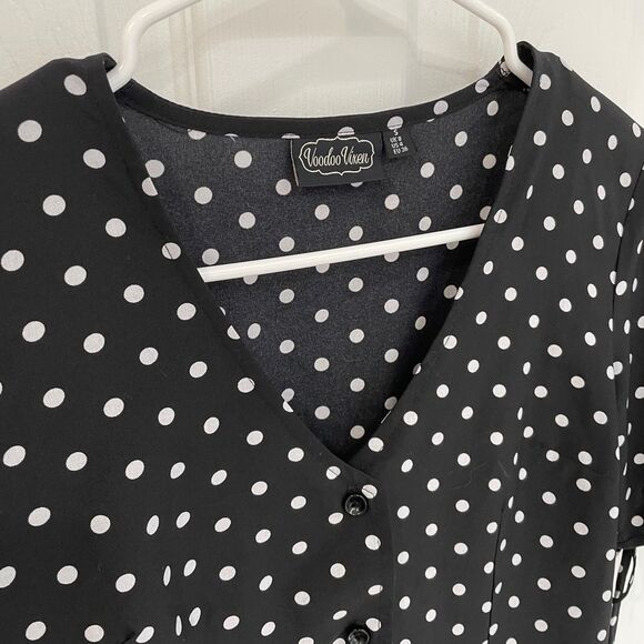 Voodoo Vixen Black White Polka Dot Button Down Peplum Top Women’s Size S - Picture 3 of 6